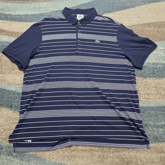 Lacoste Navy Blue Striped Polo Shirt Men’s 7 Regular Fit Crocodile - Picture 2 of 8